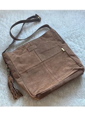 JOYN Brown Suede Crossbody Tote Shoulder Bag with adjustable leather strap